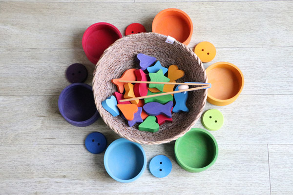 Bowl of wooden shapes